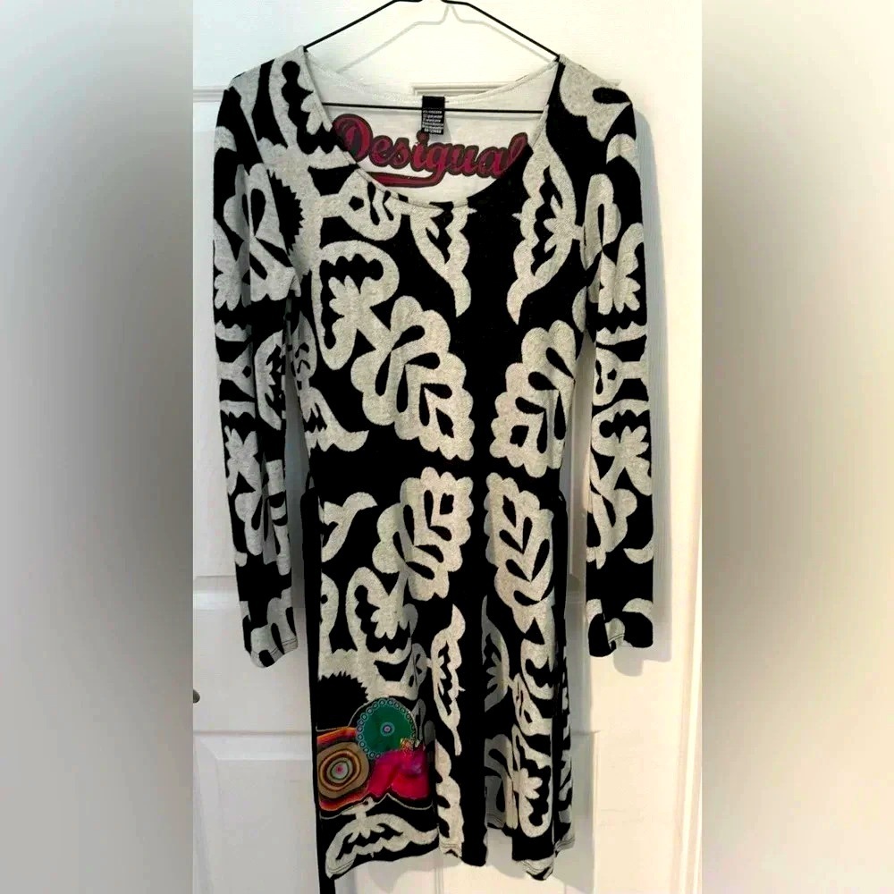 Desigual tati tunic dress black white pink leaf sash mini office floral stretch